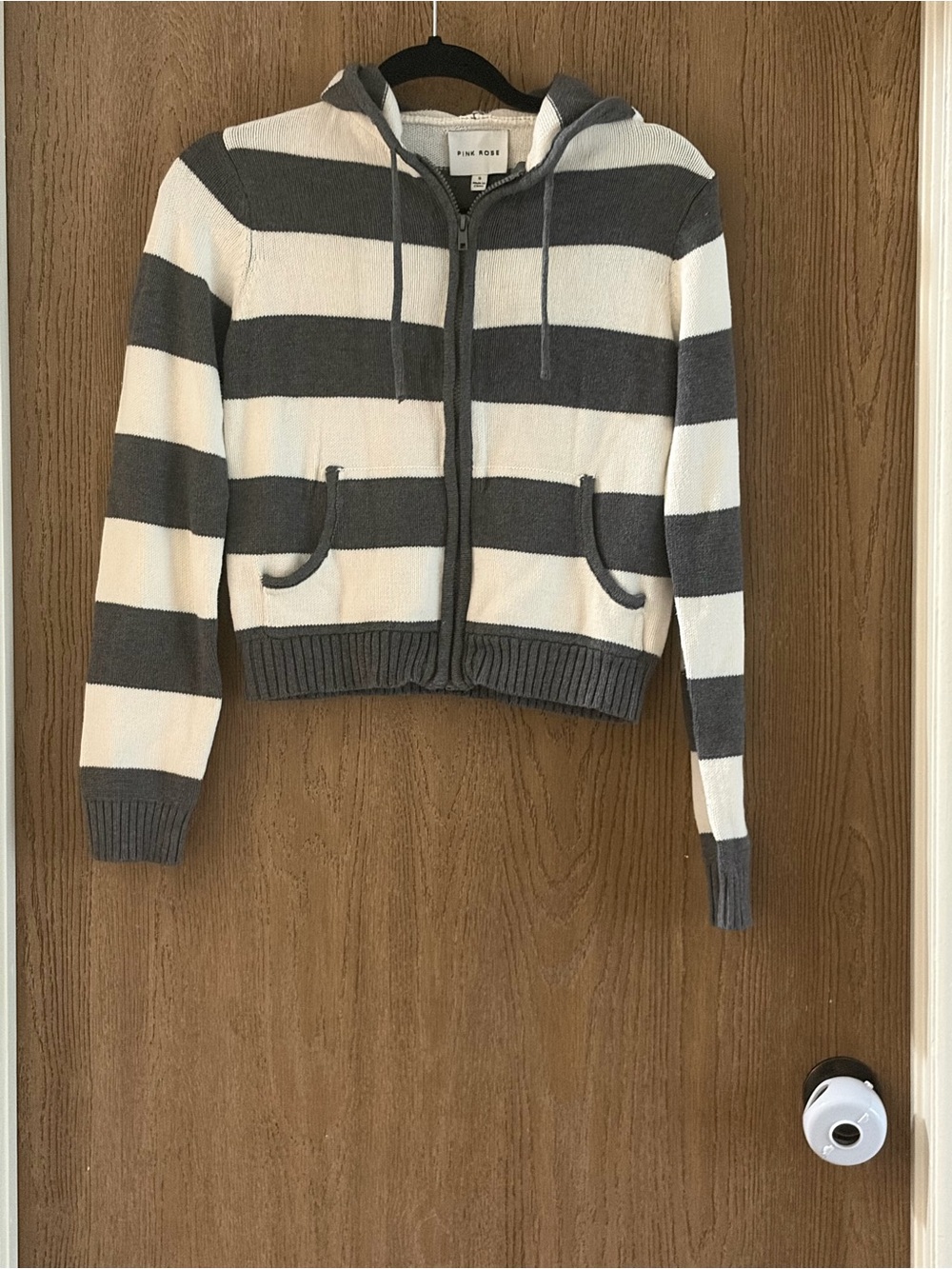 Pink Rose Striped Zip Hoodie in Gray and Cream
